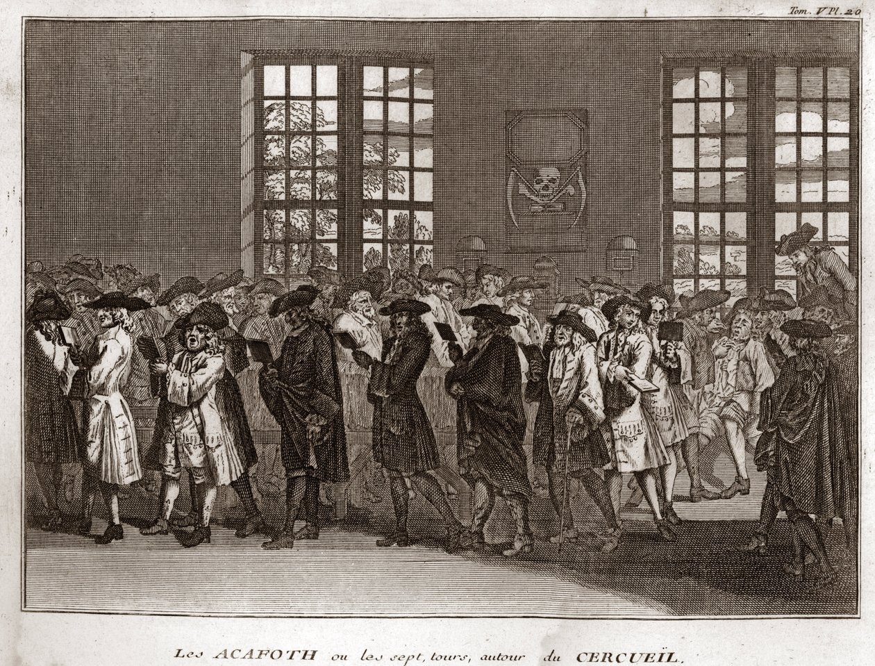 En menighed af jødiske sørgende, der udfører "" Acafoth"" ved en begravelse Gravering fra "" Illustration af religiøse ceremonier og skikke for alle verdens folk" af Bernard Picart (1723-1743) 1819 Privat samling af Bernard Picart