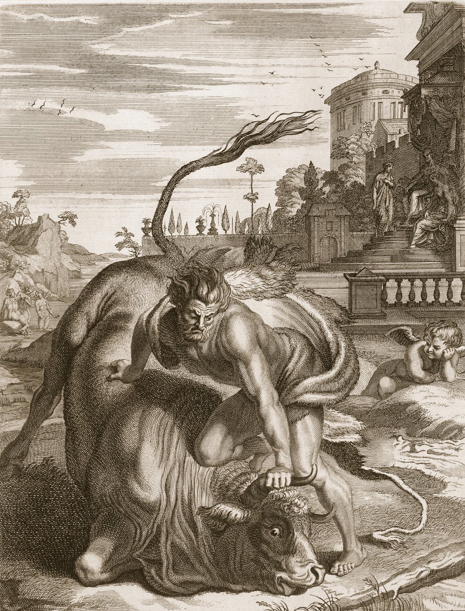 Achelous i form af en tyr er besejret af Hercules, 1731 af Bernard Picart