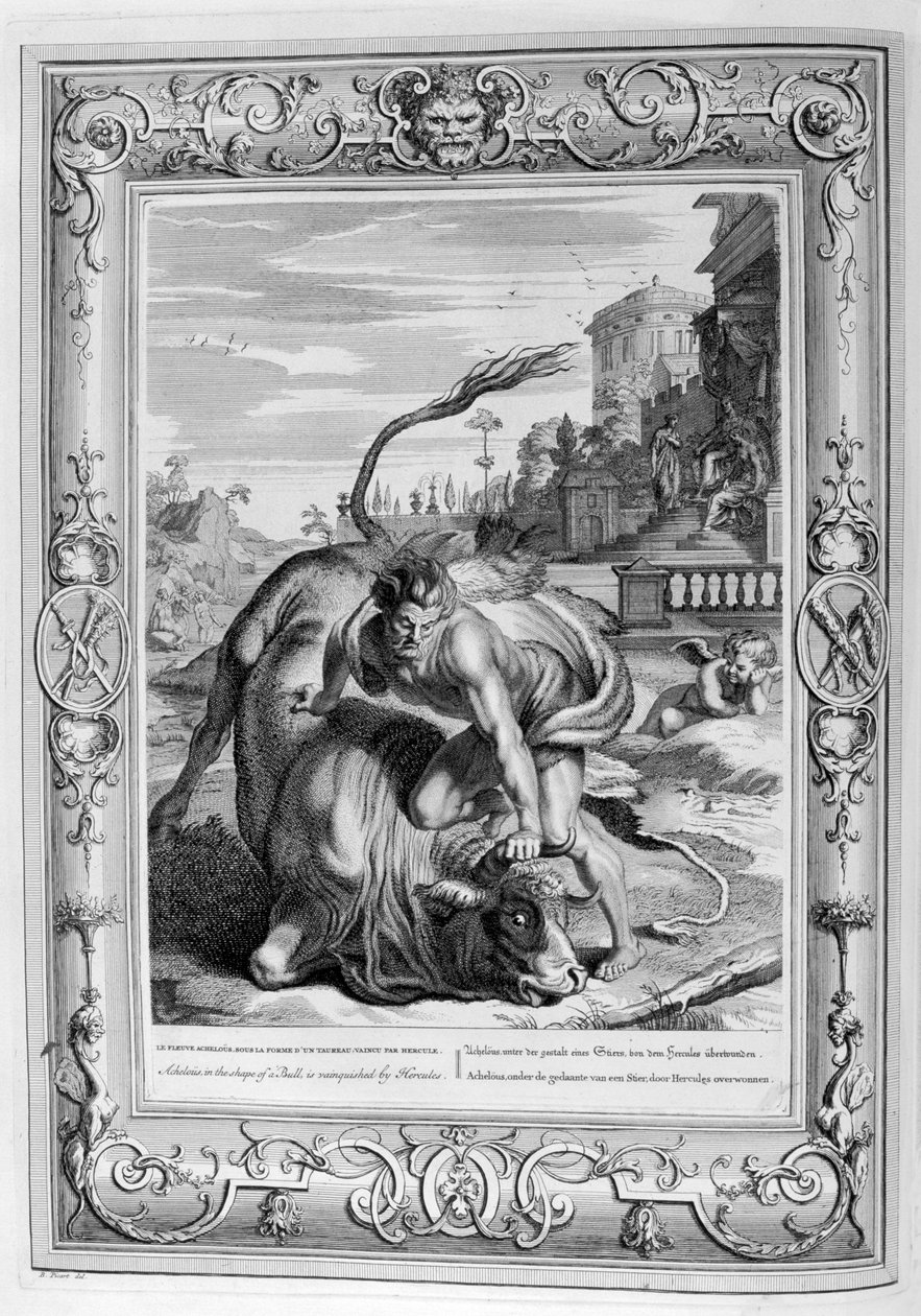 Achelous i form af en tyr er besejret af Hercules, 1733 af Bernard Picart