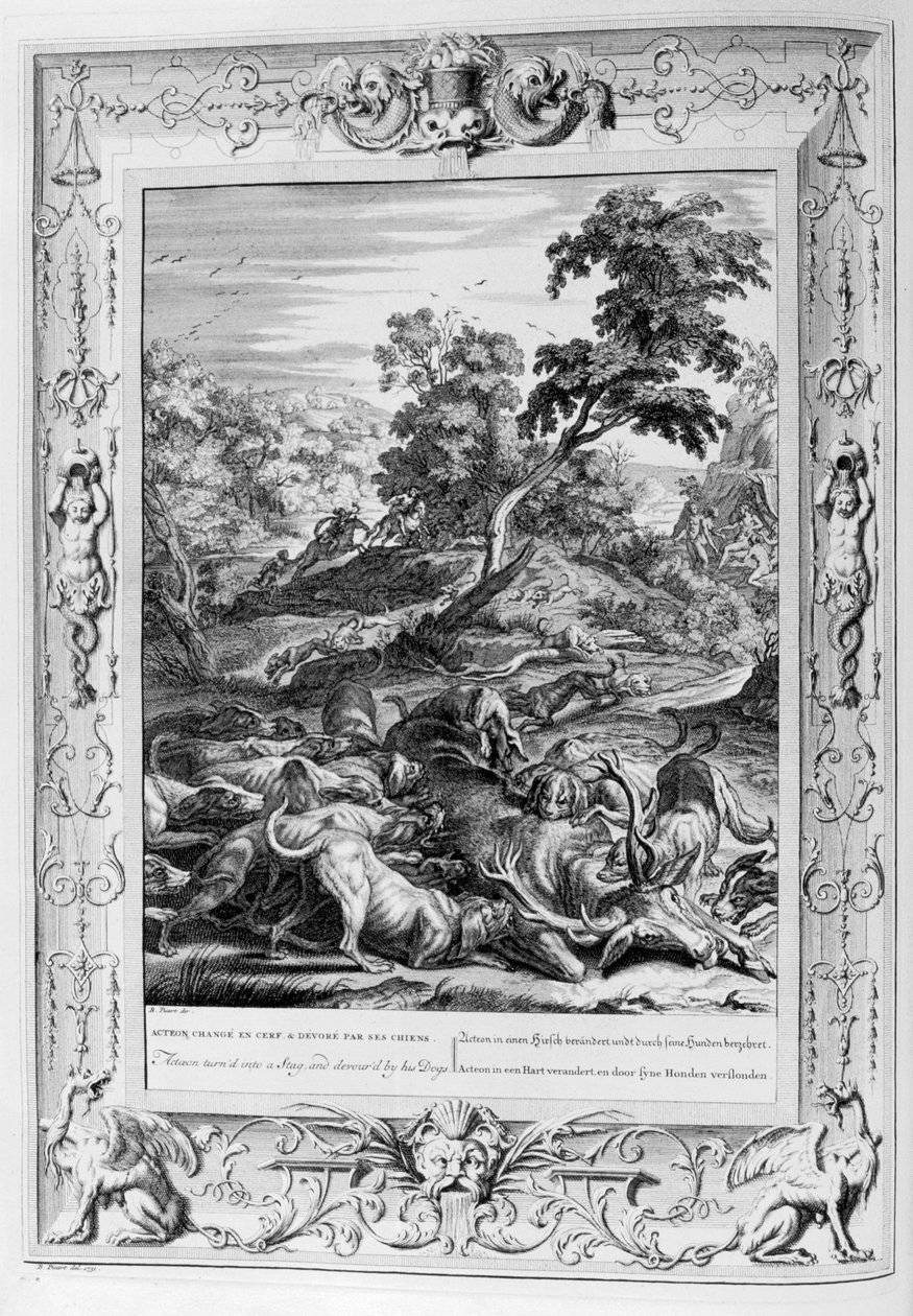 Actaeon blev til en kronhjort og fortæret af sine hunde, 1733 af Bernard Picart