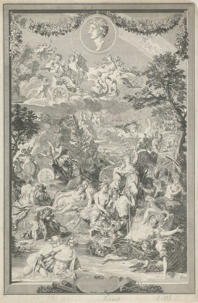Allegorisk titelblad med forskellige scener fra Ovids metamorfoser og hans portræt af Bernard Picart