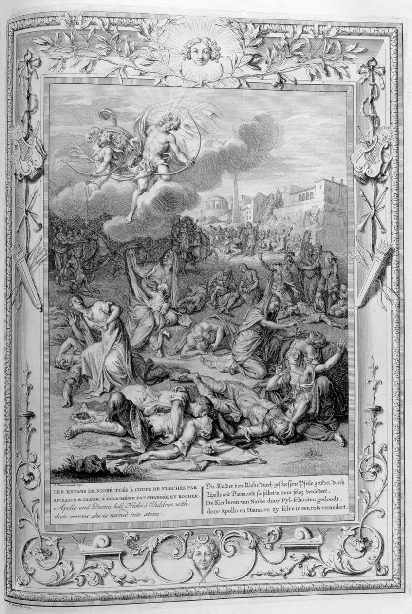 Apollo og Diana dræber Niobes børn med deres pile, 1733 af Bernard Picart