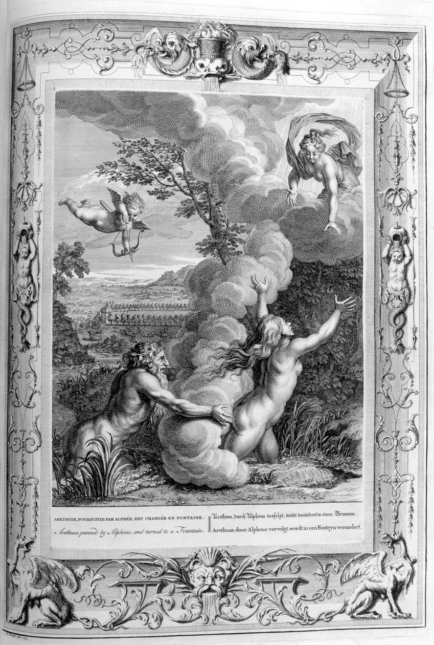 Arethusa forfulgt af Alpheus og forvandlet til en springvand, 1733 af Bernard Picart