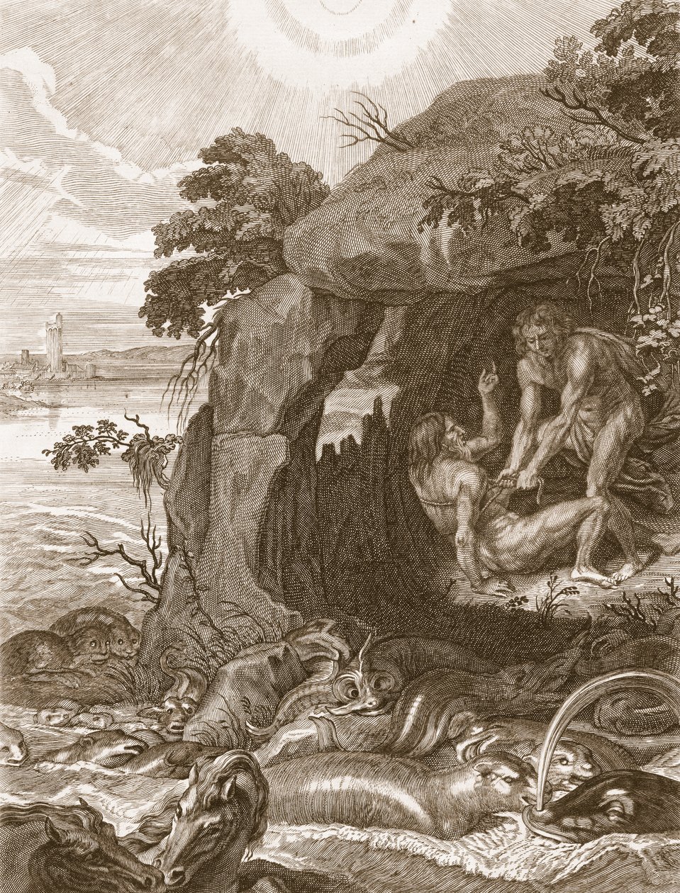 Aristeus tvinger Proteus til at afsløre sine orakler, 1731 af Bernard Picart