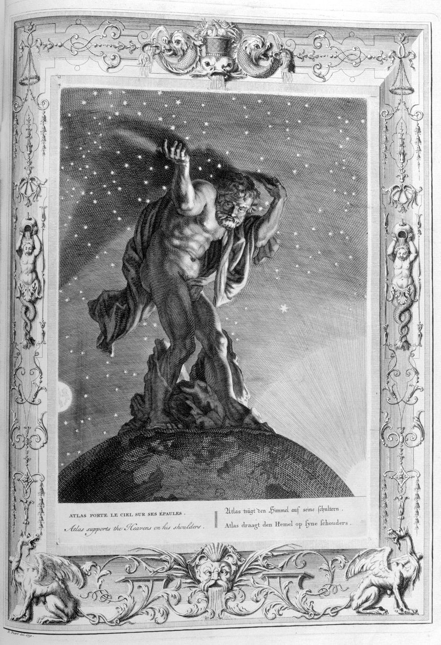 Atlas støtter himlen på sine skuldre, 1733 af Bernard Picart