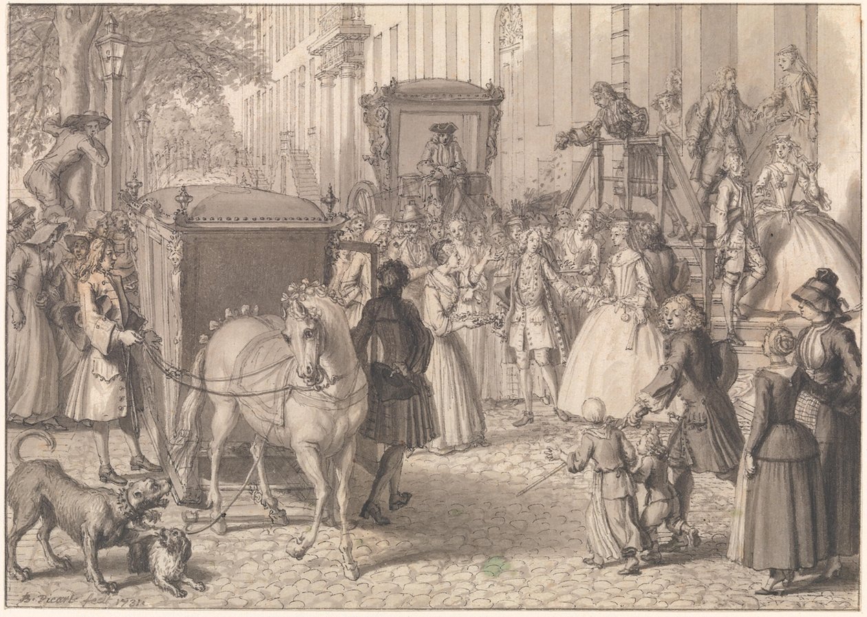 Begyndelsen på et bryllupsoptog for et luthersk par af Bernard Picart
