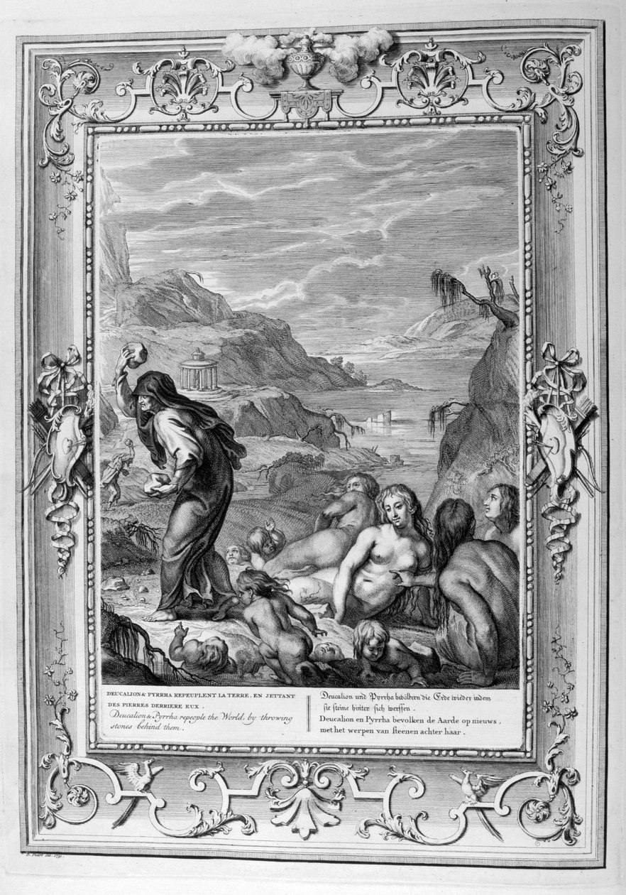 Deucalion overlever syndfloden med sin kone, Pyrrha (gravering) af Bernard Picart