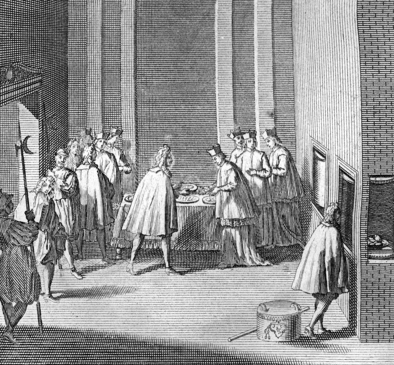Forskellige stadier af konklavet, kardinalmøde til valg af en ny pave: valg af den nye pave under konklavet i det sixtinske (Sistina) kapel, Vatikanet: mad kontrolleres under konklavet) Gravering fra “Illustration af religiøse cer af Bernard Picart