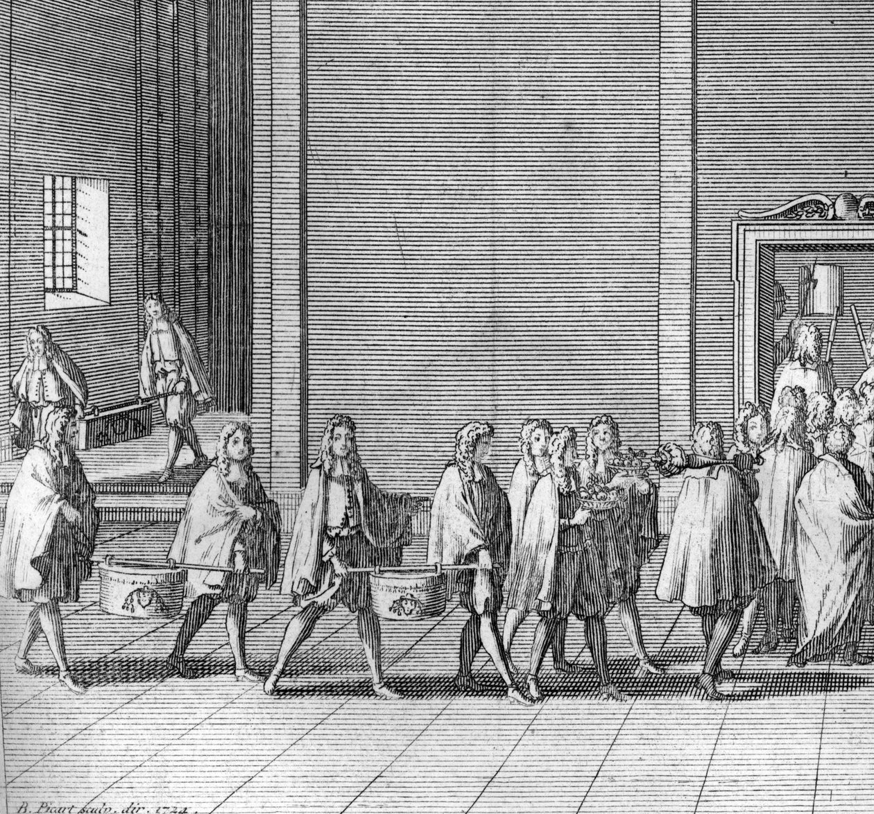 Forskellige stadier af konklavet, møde med kardinalerne til valg af en ny pave: rationerne foretages under konklavet (Vatikanet: ankomst af mad under konklavet) Gravering fra "" Illustration af religiøse ceremonier og skikke for alle mennesker af Bernard Picart