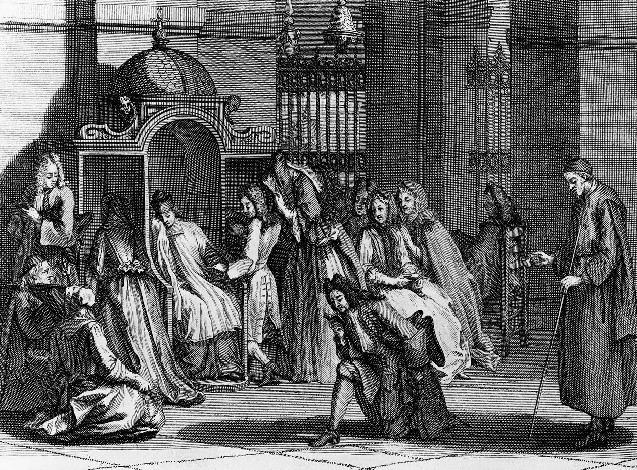 Trofast venter foran skriftestolen, gravering af Bernard Picart (1673-1733) fra religiøse ceremonier og skikke for alle verdens folk af Bernard Picart