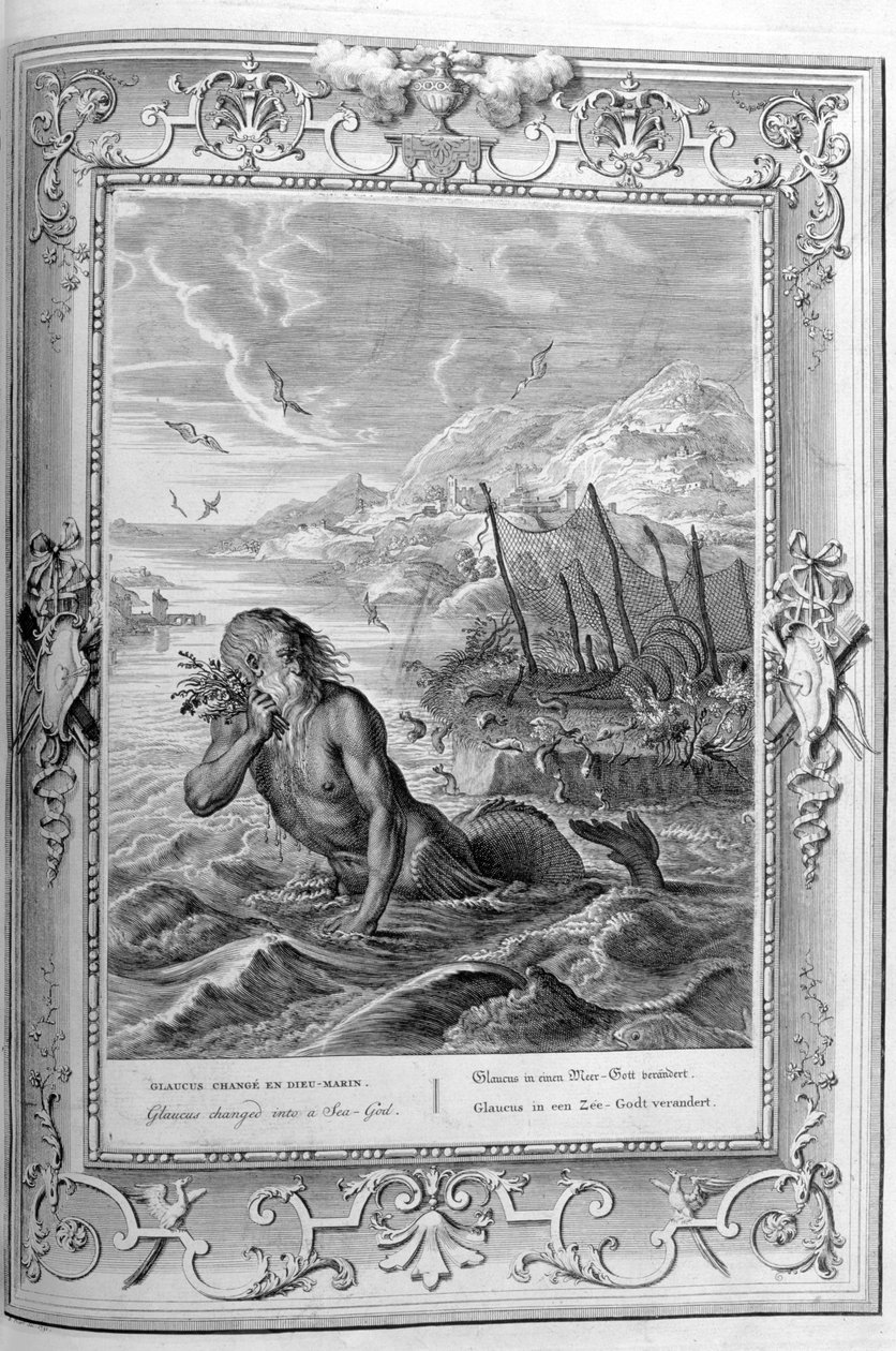 Glaucus forvandler sig fra menneske til havgud (gravering) af Bernard Picart