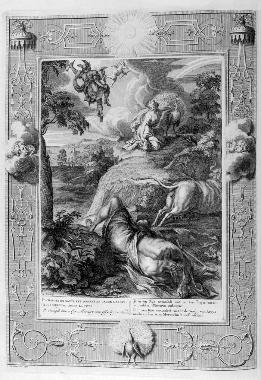 Io ændrede sig til en ko: Mercury skærer Argus hoved af, 1733 af Bernard Picart