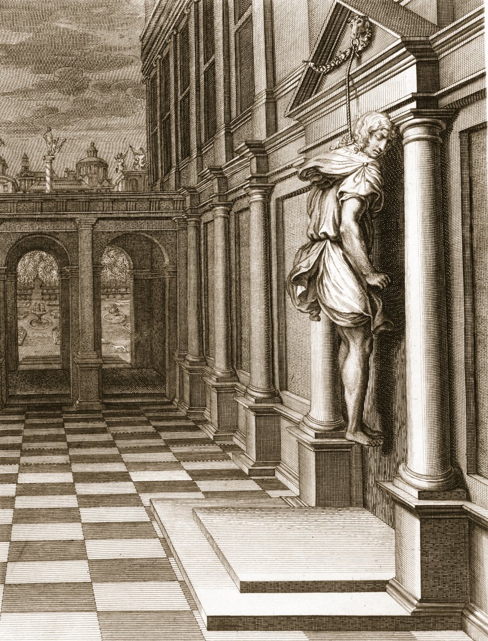 Iphis hænger sig selv i fortvivlelse over, at han ikke kunne få Anaxarete, 1731 af Bernard Picart
