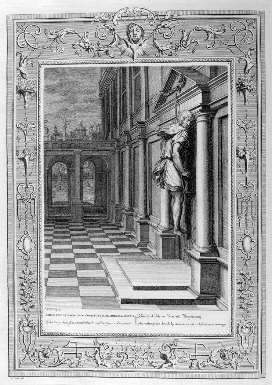 Iphis hænger sig selv i fortvivlelse over, at han ikke kunne vinde Anaxarete, 1733 af Bernard Picart