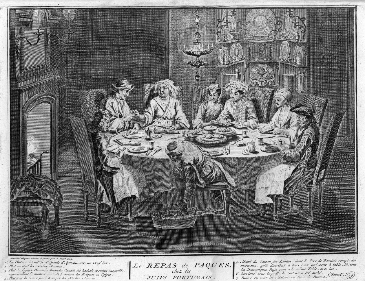 Jødedom: Påskefest (eller påske) i det jødiske portugisiske samfund Gravering fra "" Illustration de ceremonies et customs religieuses de tous les peuples du monde"" af Bernard Picart (1723-1743) 1819 Privat samling af Bernard Picart