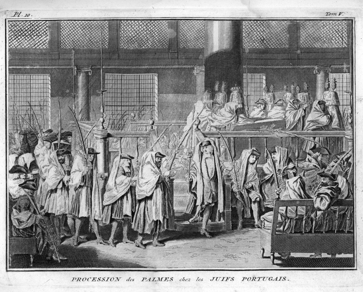 Jødedom: Procession af palmerne fejret i det jødiske portugisiske samfundgravering fra “” Illustration de ceremonier et told religieuses de Tous Les Peuples du Monde ”” af Bernard Picart (1723-1743) 1819 Privat samling af Bernard Picart