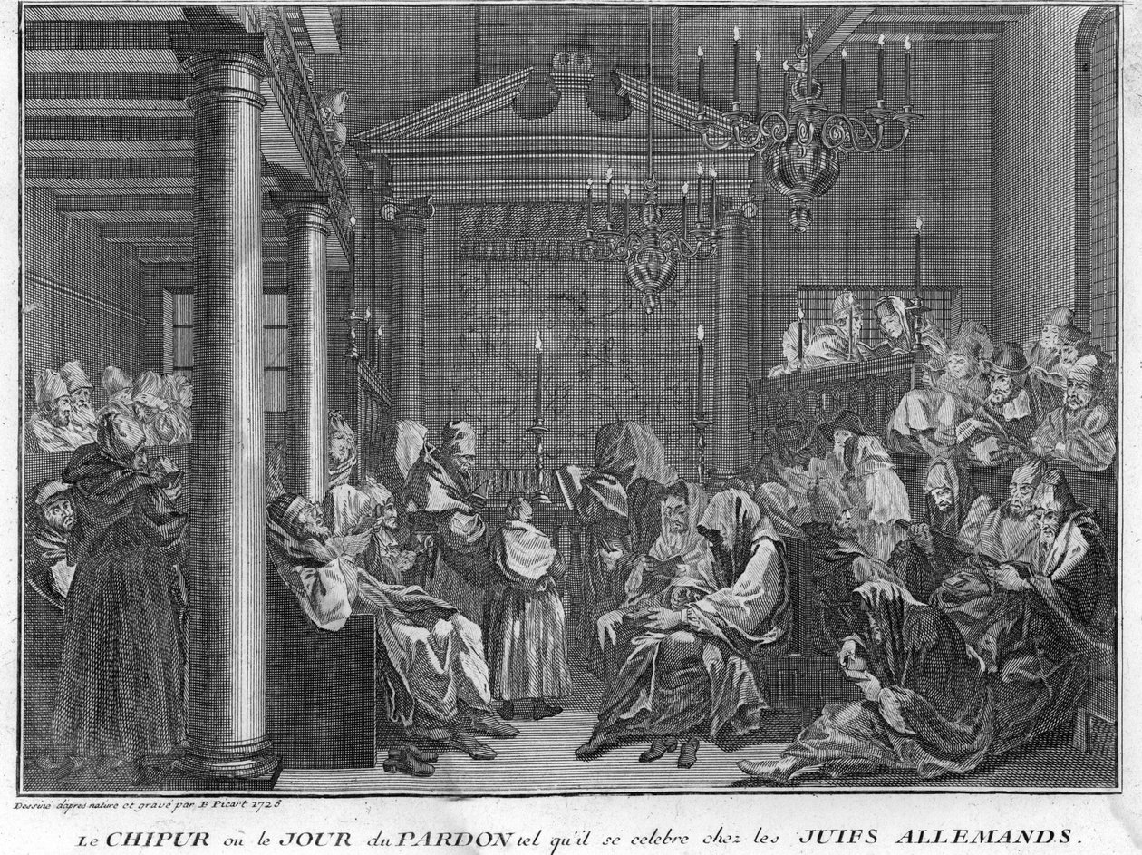 Jødedom: Festen i Chipur blandt tyske jøder (Yom Kippur, Forsoningsdagen for det jødiske folk) Indgravering fra "Illustration af ceremonier og religiøse skikke for alle verdens folk" af Bernard Picart (1723-1743) 1819 Privat samling af Bernard Picart