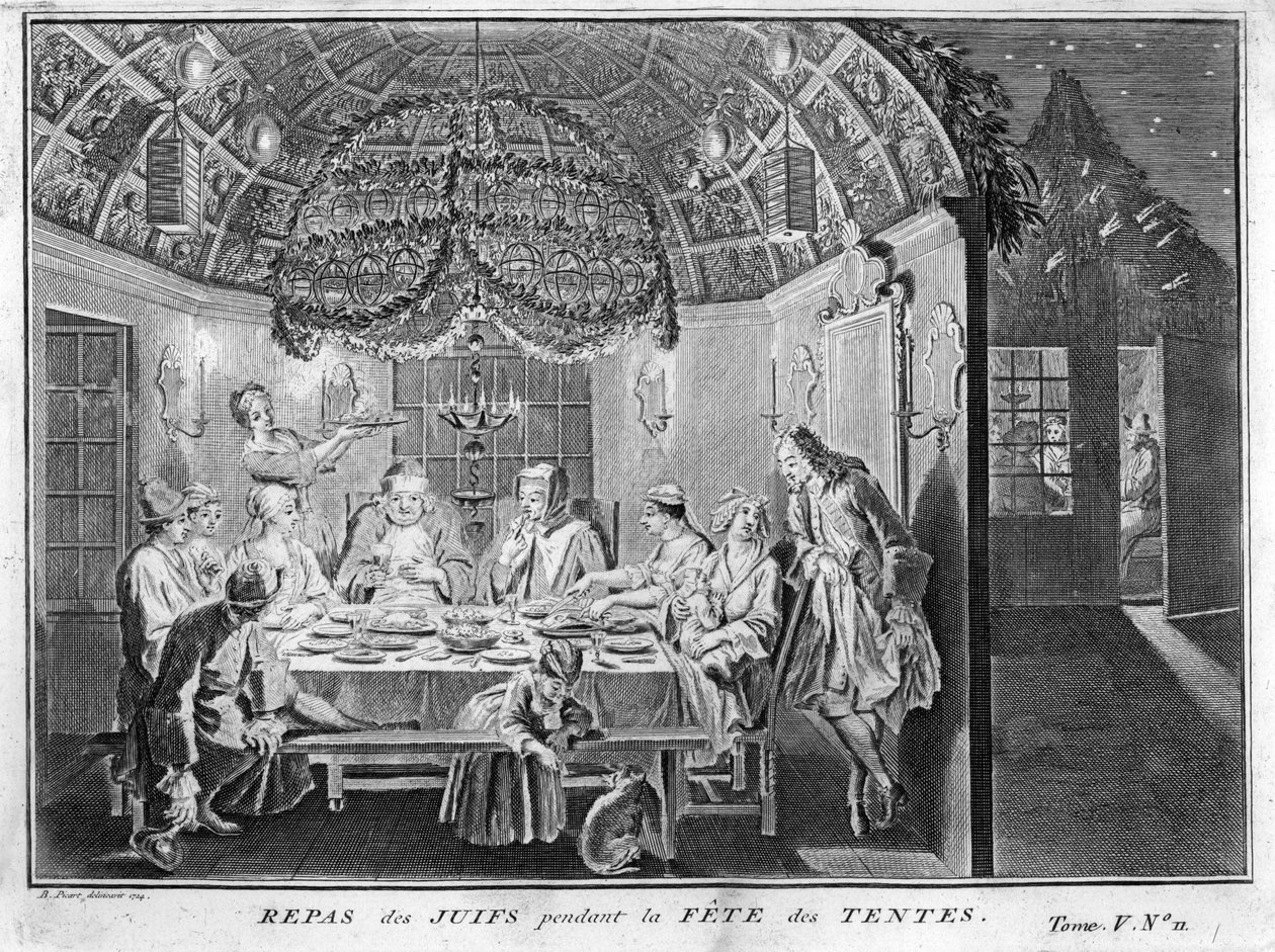 Jødedom: måltid for det jødiske folk under Sukkot (sukkot eller sukkos) fest for tabernaklerne eller boderne) Indgravering fra "" Illustration de ceremonies et customs religieuses de tous les peuples du monde" af Bernard Picart (1723-1743) 1819 Privat saml af Bernard Picart