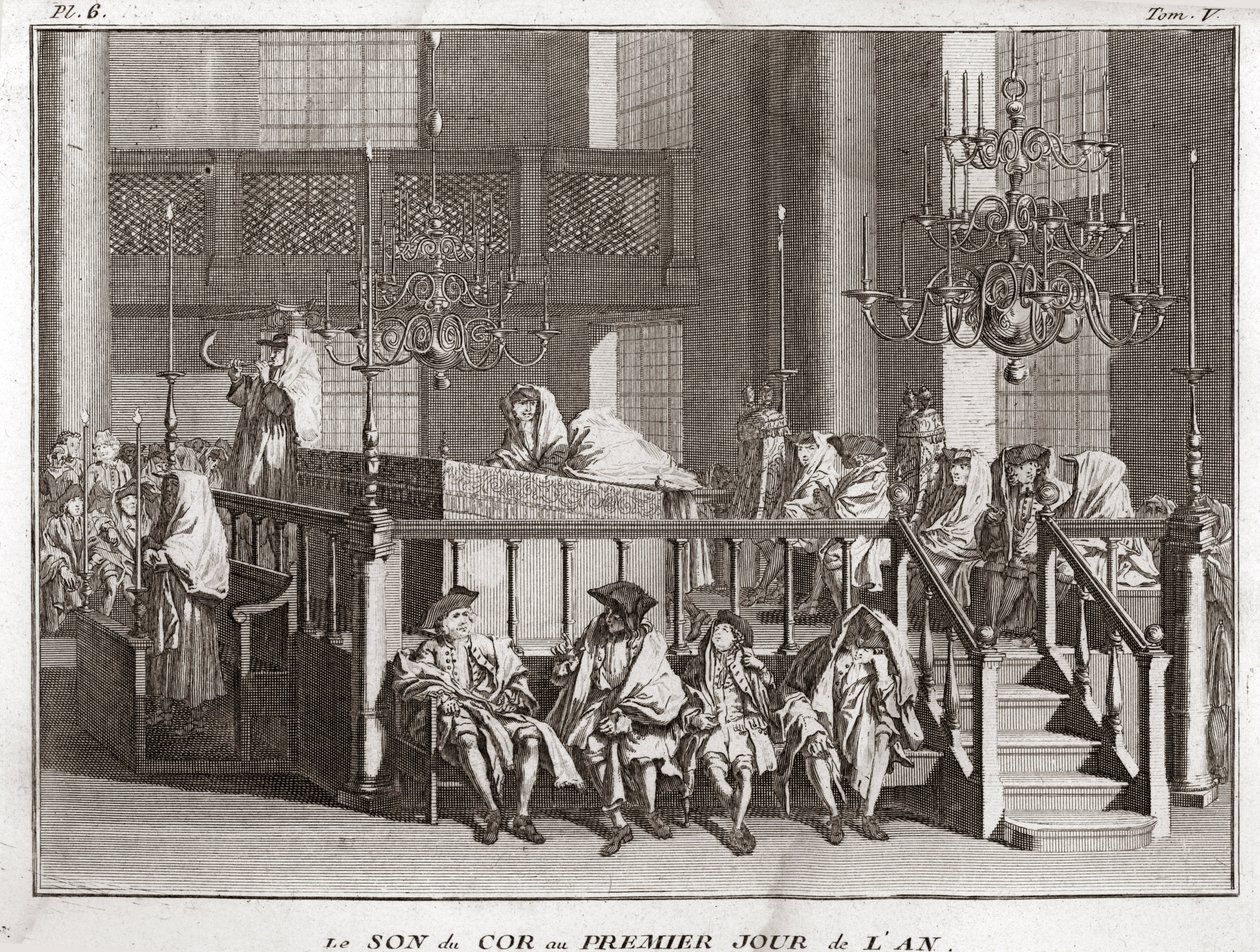 Jødedom: lyden af hornet på årets første dag ((lyden af schofar a Rosch ha-schana) (jødisk nytårsfestival: blæser i shofarhornet på Rosh Hashana) Indgravering fra "" Illustration af religiøse ceremonier og alle folkeslags skikke af Bernard Picart