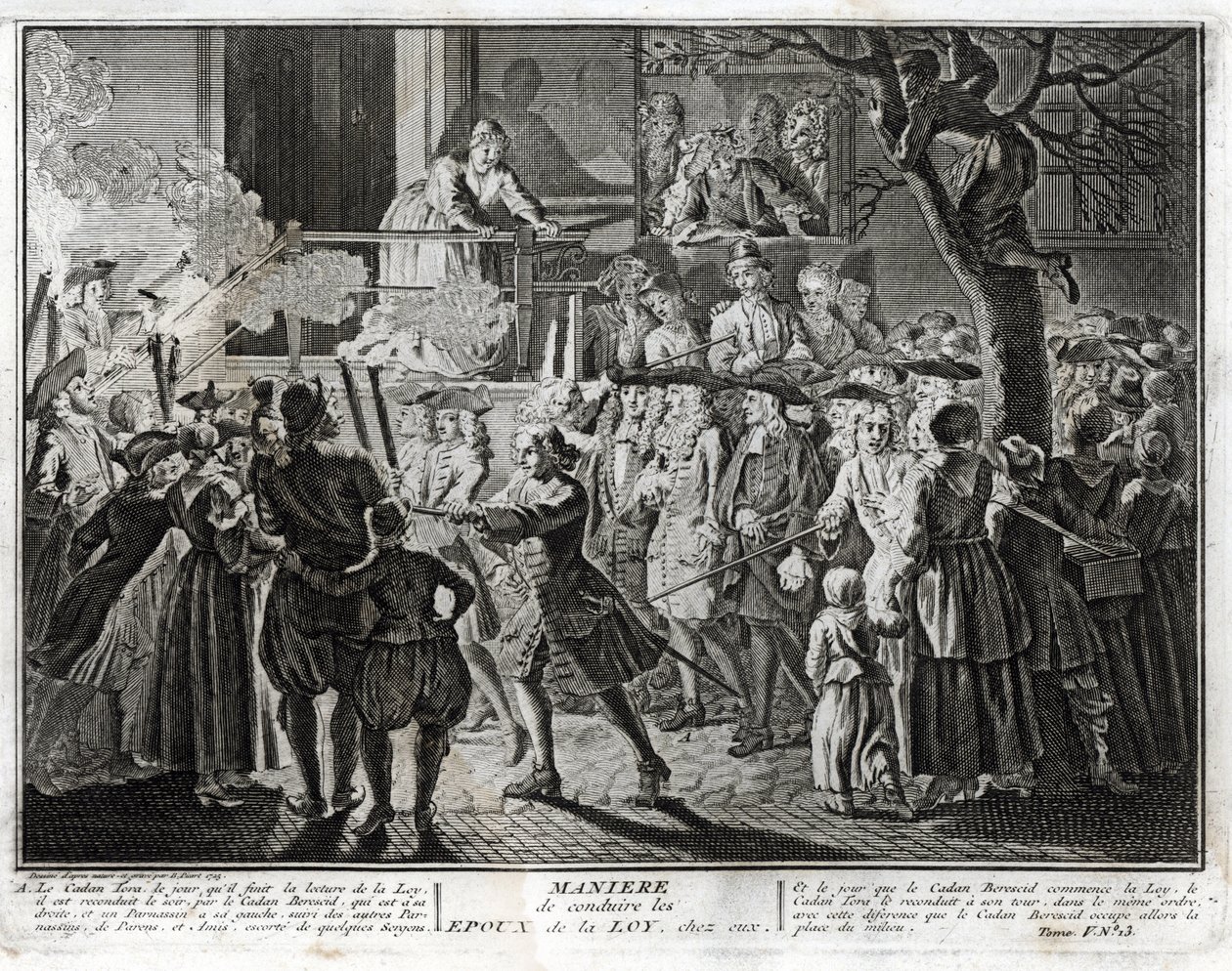 Jødedom: måden at føre lovens ægtefæller hjem på - en repræsentation af den procession, hvorved samfundet ved Simhat Torah-festen ærede dem, der var blevet udvalgt, en til at velsigne læsningen af den sidste passage af Toraen og den anden t af Bernard Picart