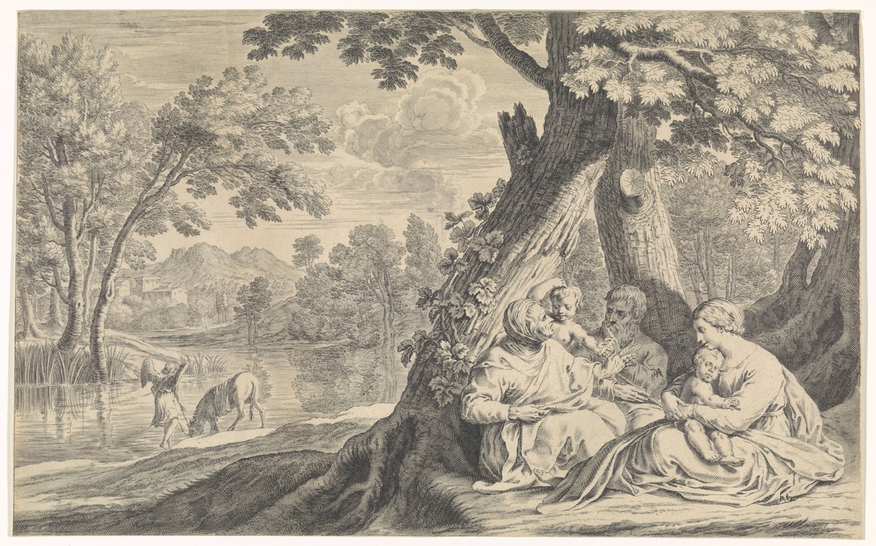 Landskab med den hellige familie, ledsaget af Elizabeth og Johannes Døberen af Bernard Picart
