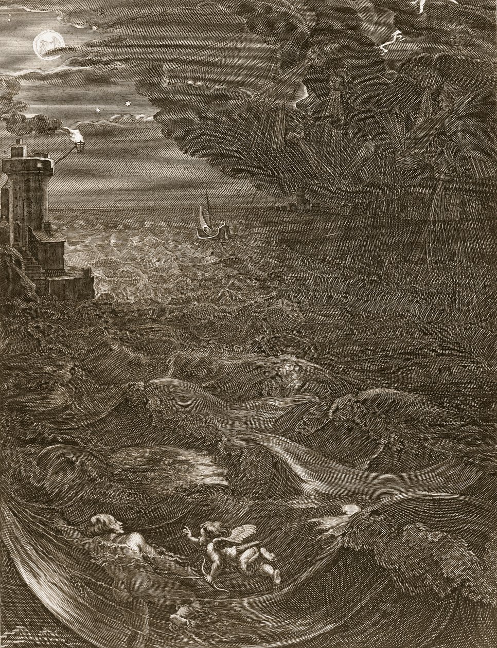 Leander svømmer over Hellespont for at møde sin elskerindehelt, 1730 af Bernard Picart