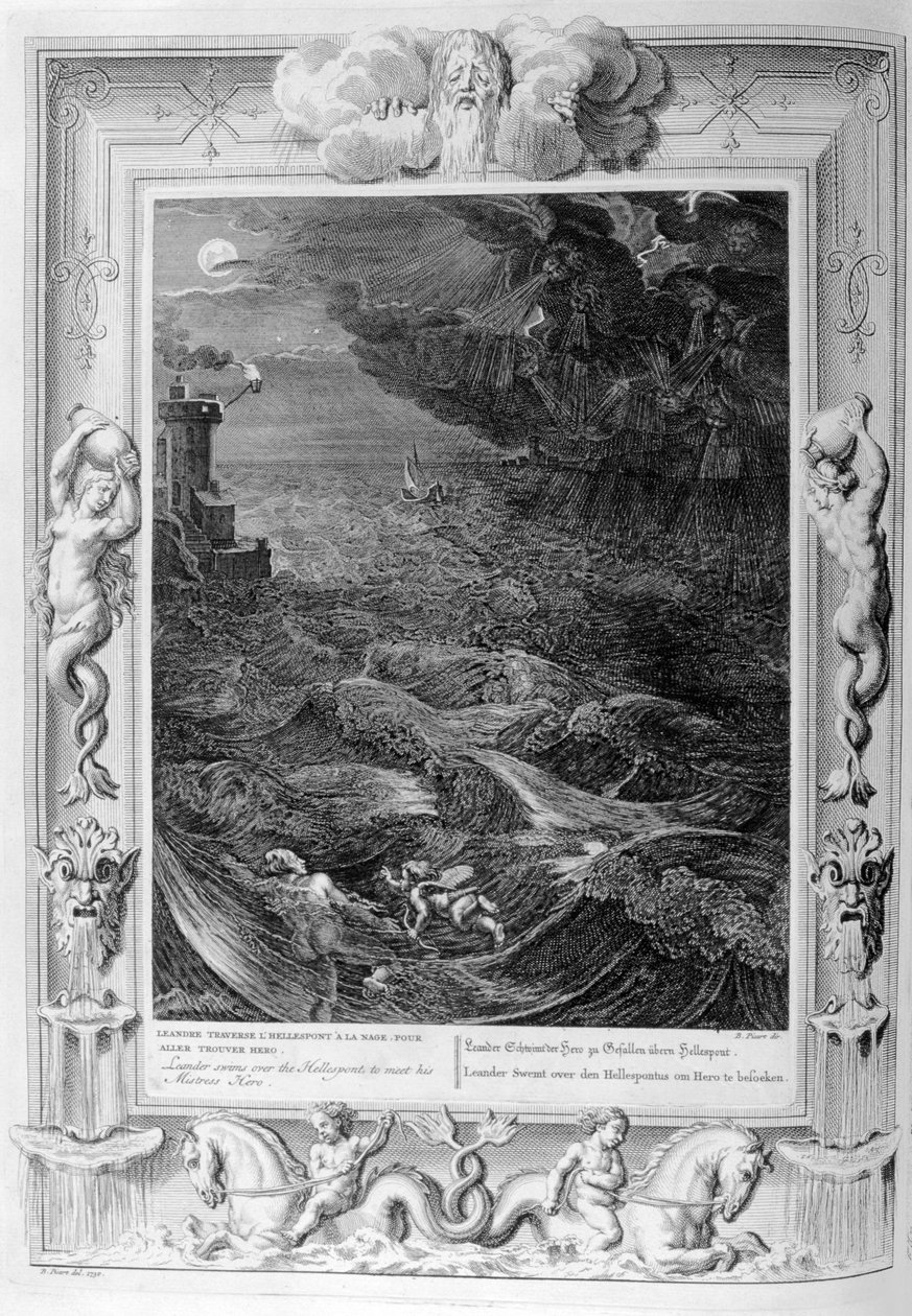 Leander svømmer over Hellespont for at møde sin elskerindehelt, 1733 af Bernard Picart