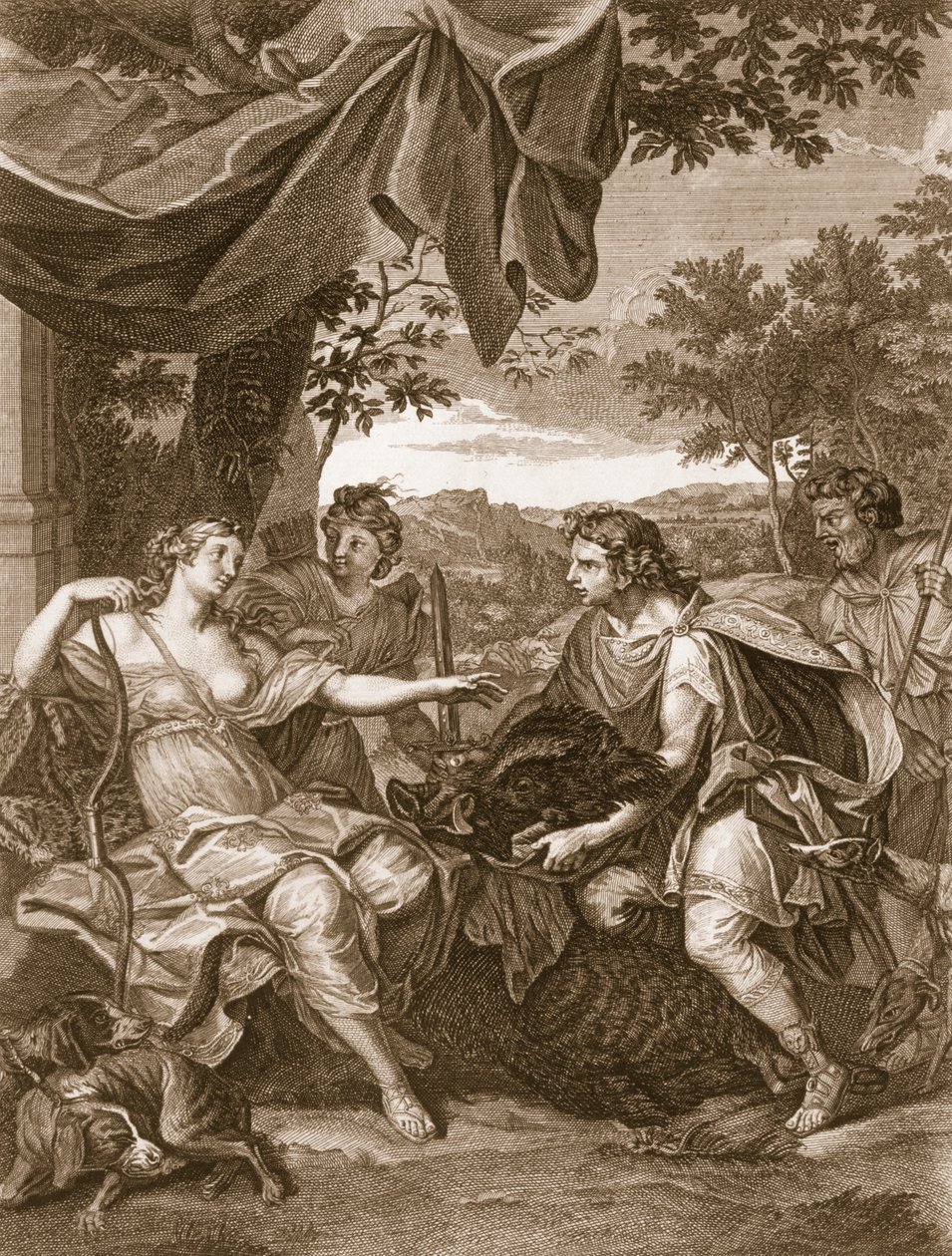 Meleager præsenterer ornehovedet til Atalanta, 1731 af Bernard Picart