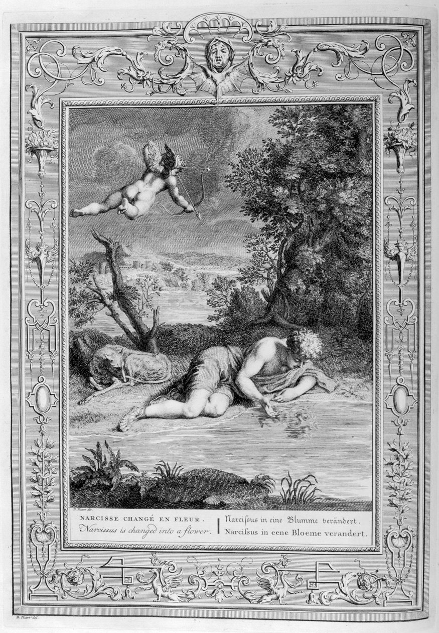 Narcissus forelsket i sit eget spejlbillede, 1733 af Bernard Picart