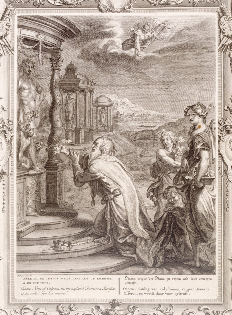 Oeneus, konge af Calydon, der har forsømt Diana i et offer og bliver straffet for sin ondskab, 1731 af Bernard Picart