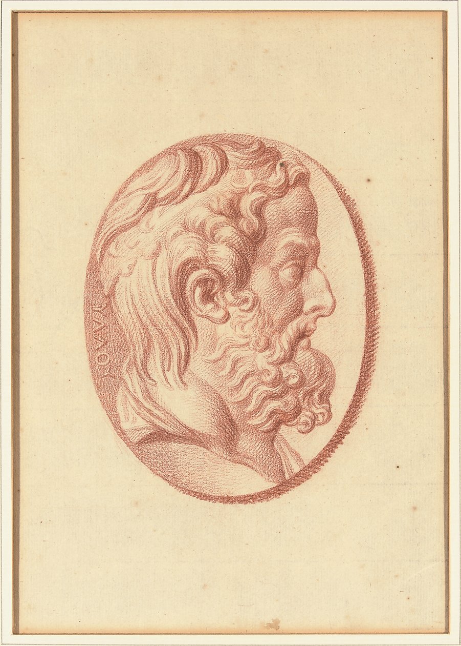 En af fire undersøgelser efter cameos, tre med klassiske profilportrætter og en med et fragmentarisk relief af Amor og to løver, der tegner en vogn (rødt kridt på papir) af Bernard Picart