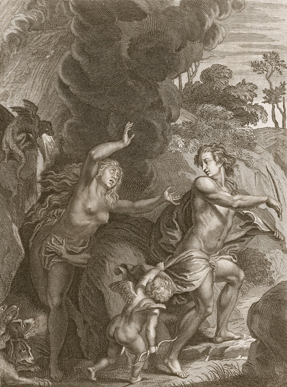 Orpheus, der fører Eurydice ud af helvede, ser tilbage på hende og mister hende for altid, 1731 af Bernard Picart