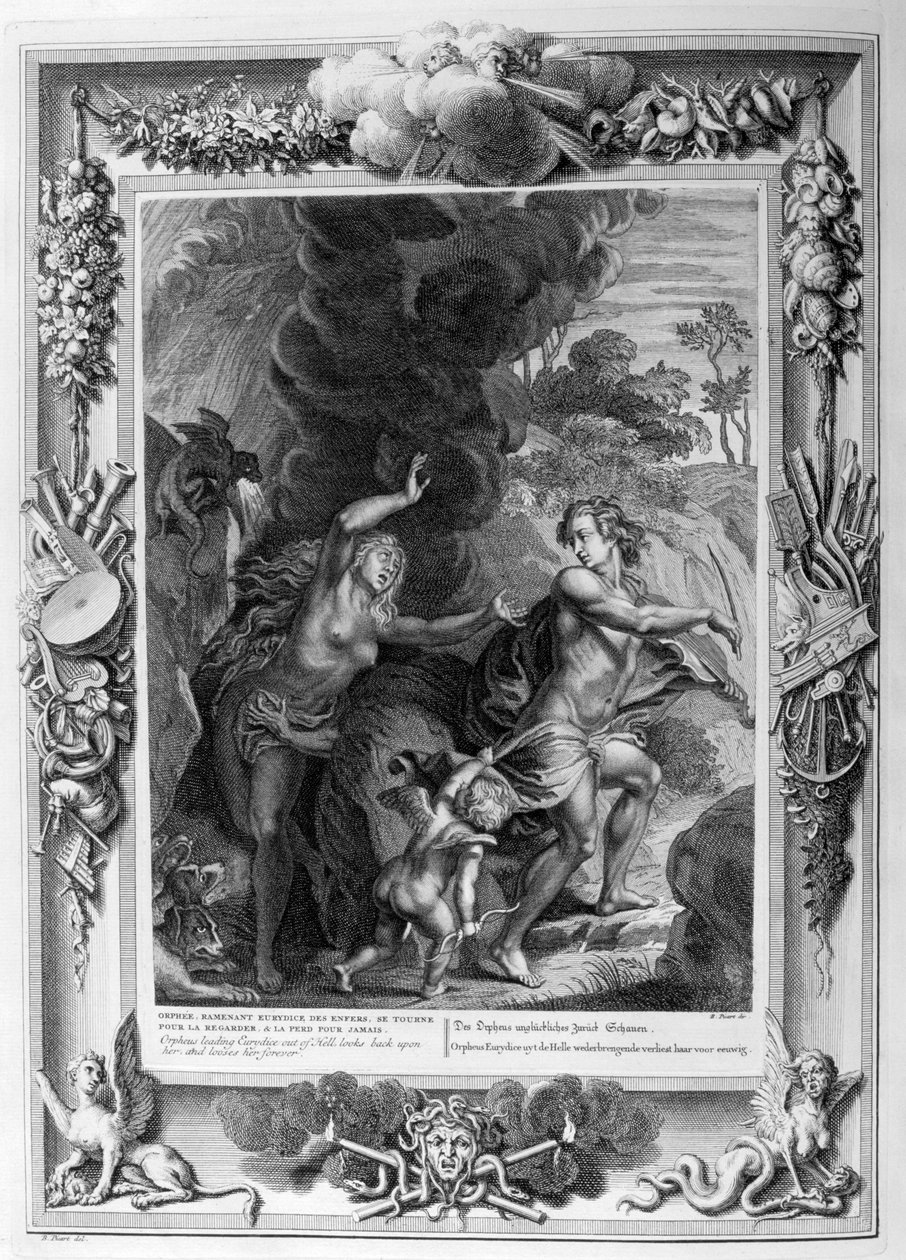 Orpheus, der fører Eurydike ud af helvede, ser tilbage på hende og mister hende for altid, 1733 af Bernard Picart