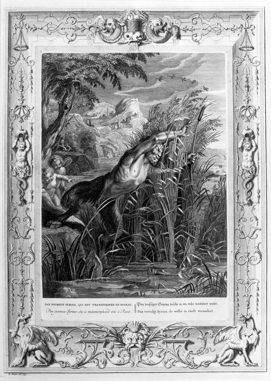 Pan forfølger Syrinx, der forvandles til et siv, 1733 af Bernard Picart