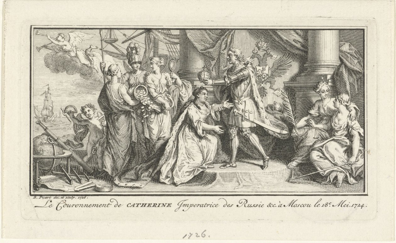 Peter den Store kroner sin kone Catherine I som kejserinde, 1726 af Bernard Picart