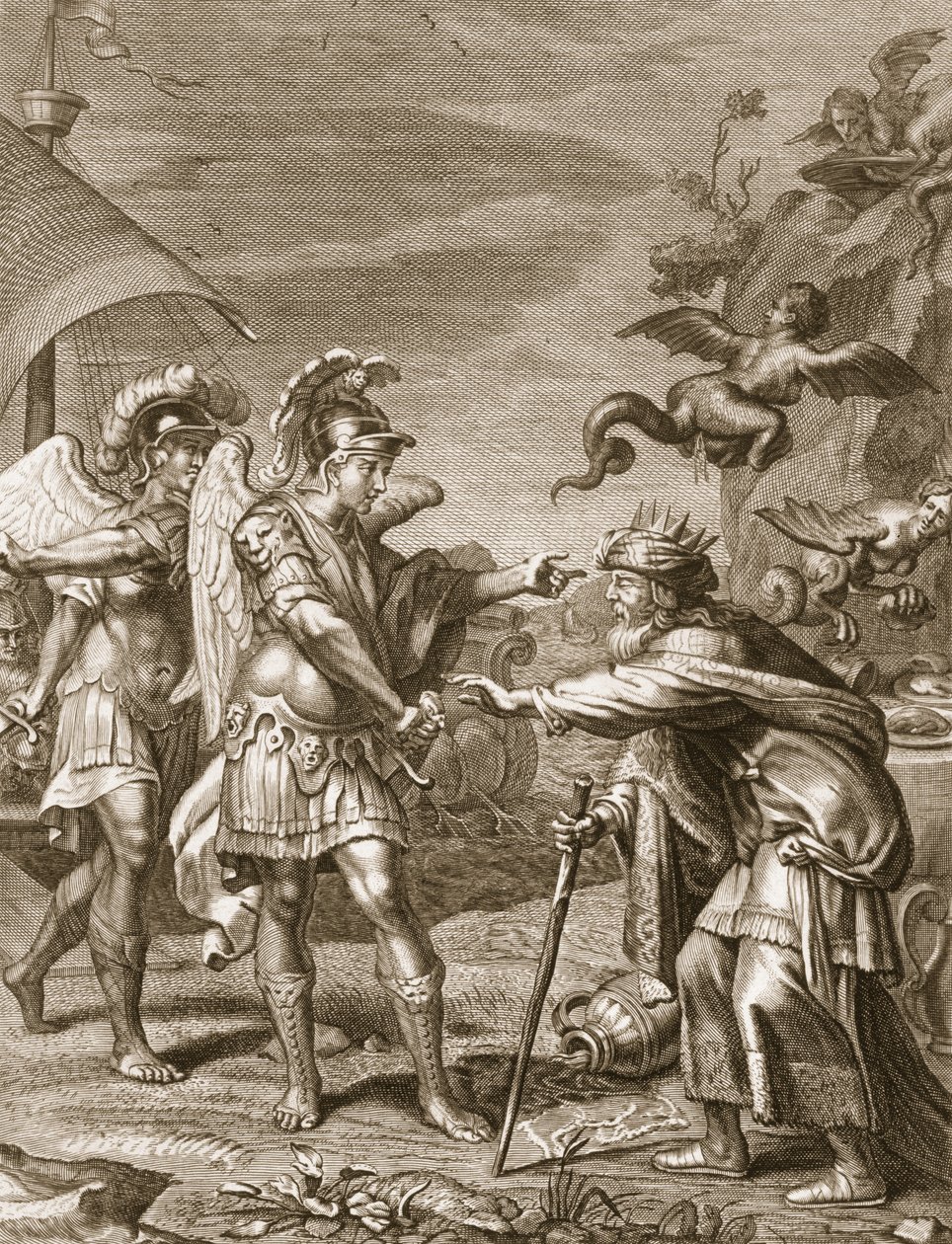 Phineus bliver befriet fra harpierne af Calais og Zethes, 1731 af Bernard Picart