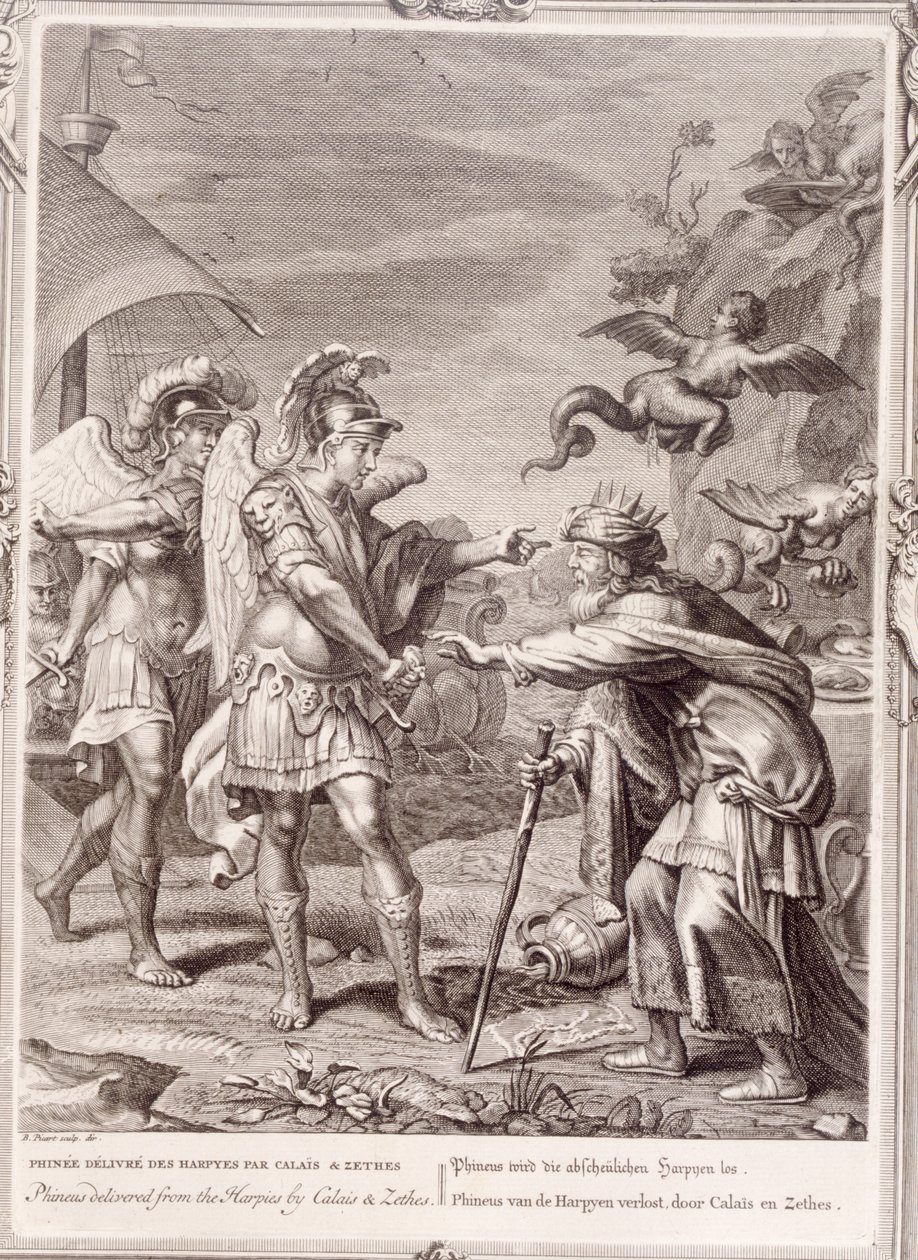 Phineus er befriet fra harpierne af Calais og Zethes, 1731 af Bernard Picart