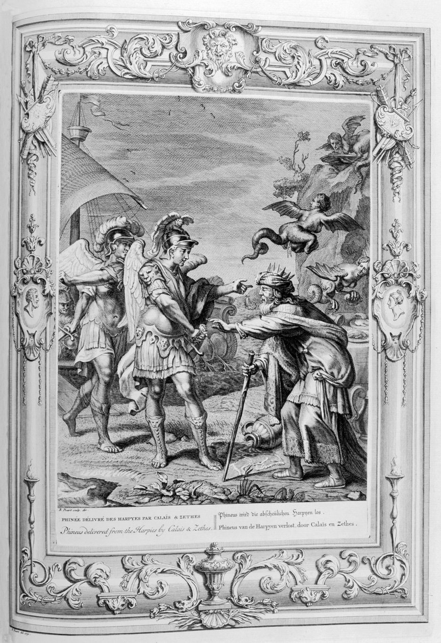 Phineus er befriet fra harpierne af Calais og Zethes, 1733 af Bernard Picart