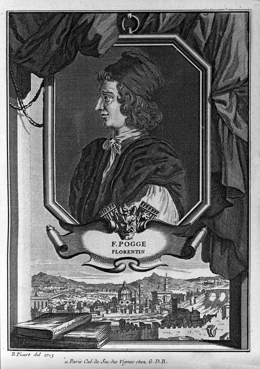 Portræt af Giovanni Francesco Poggio Bracciolini, kendt som Le Pogge eller Le Pogge Florentin (1380-1459), italiensk humanist, gravering af Bernard Picart, Paris af Bernard Picart