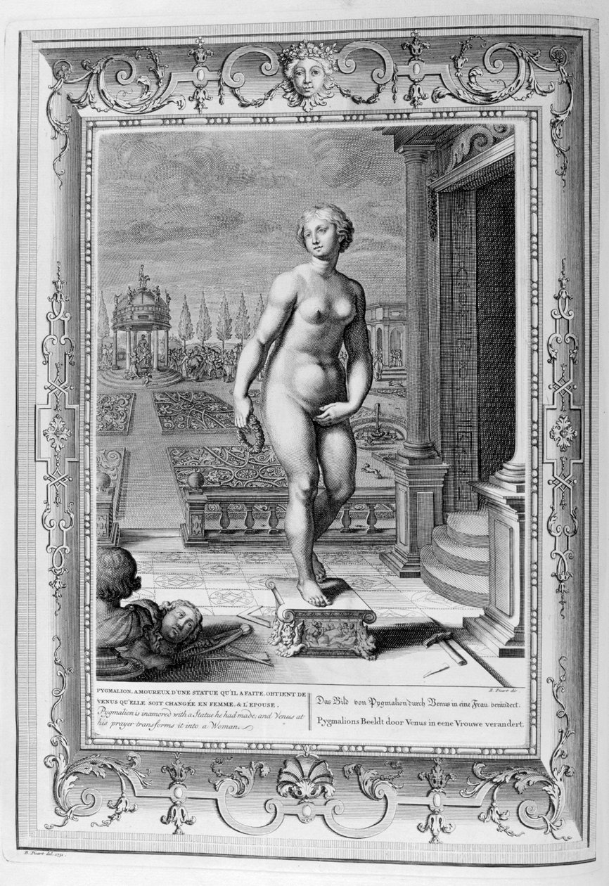 Pygmalion er forelsket i en statue han har lavet, 1733. af Bernard Picart