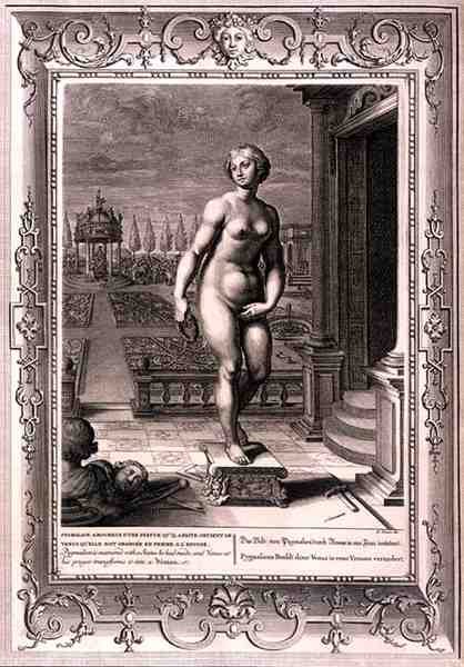 Pygmalion er forelsket i en statue, han har lavet, og ved sin bøn forvandler Venus den til en kvinde af Bernard Picart