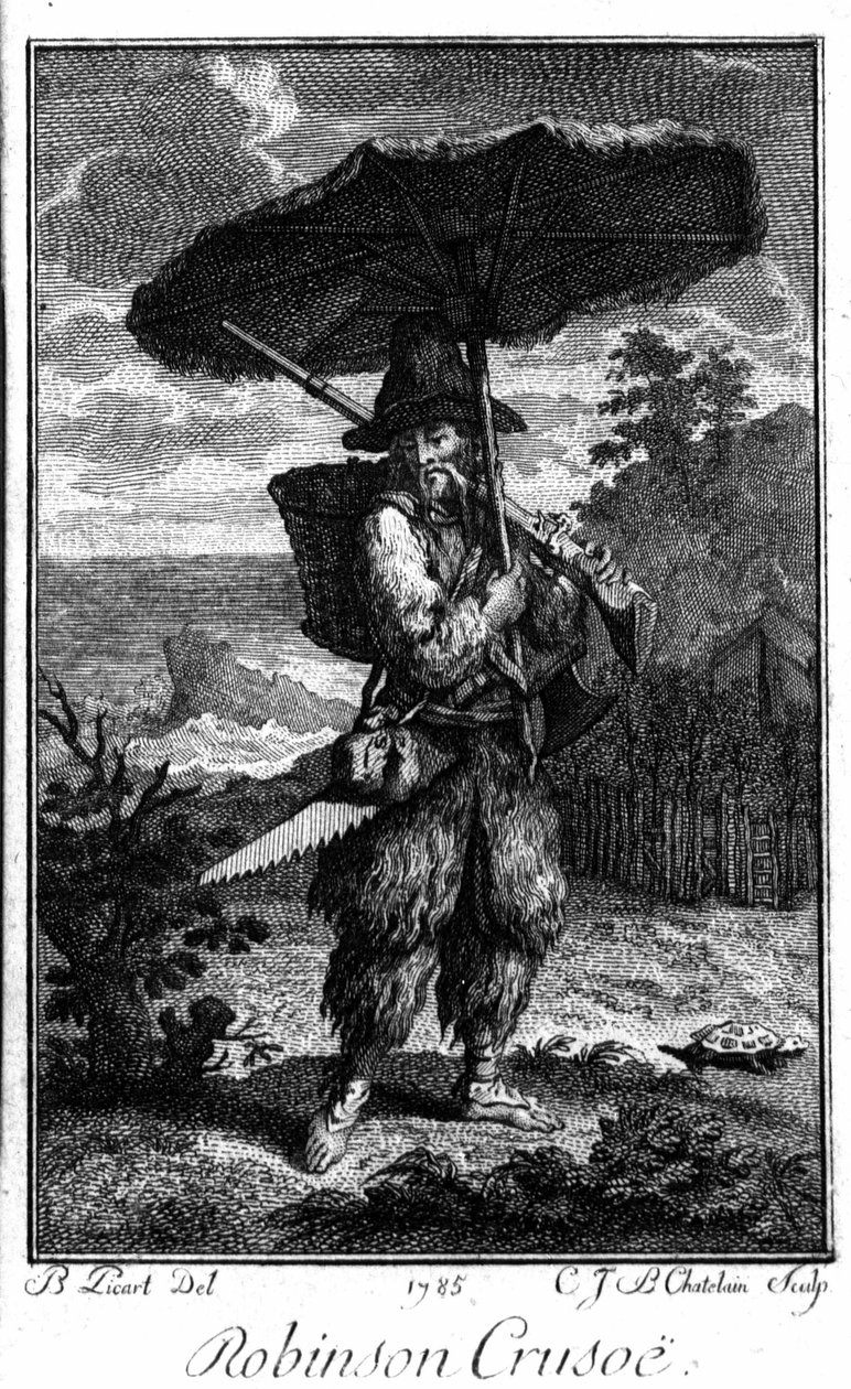 Repræsentation af Robinson Crusoe på hans øørken. Gravering af Bernard Picart (1673-1733), der illustrerer romanen af Daniel Defoe eller De Foe (1660-1731) af Bernard Picart