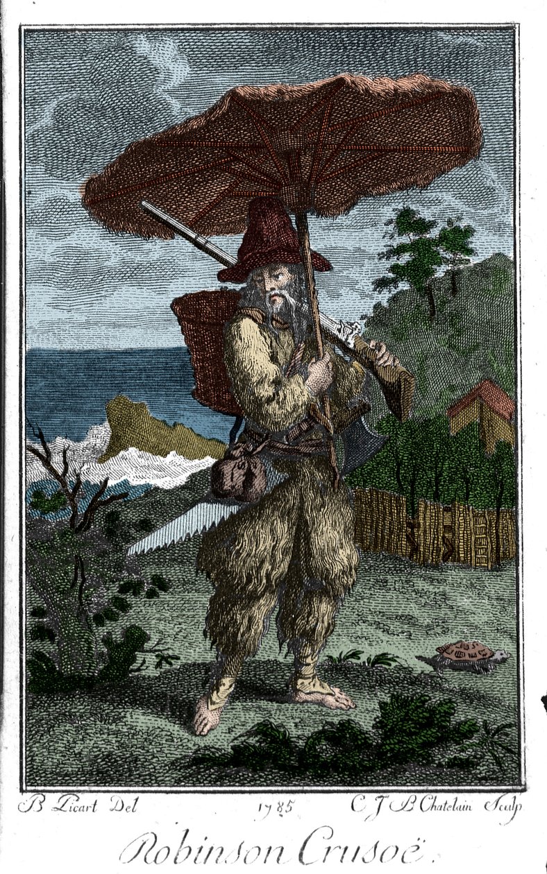Repræsentation af Robinson Crusoe på hans øørken. Gravering af Bernard Picart (1673-1733), der illustrerer romanen af Daniel Defoe eller De Foe (1660-1731) af Bernard Picart