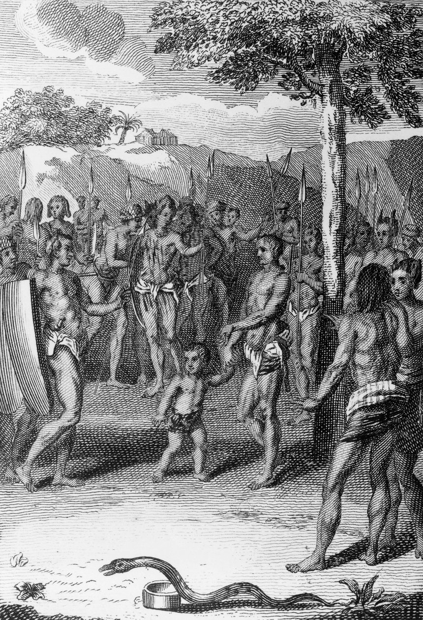 Rituel ceremoni, med slange i forgrunden, Guinea, fra Histoire Generale des Ceremonies, moeurs, et coutumes religiousness de tous les peoples du monde, af Antoine Banier (1673-1741) og Jean Baptiste Le Mascrier (1697-1760) af Bernard Picart
