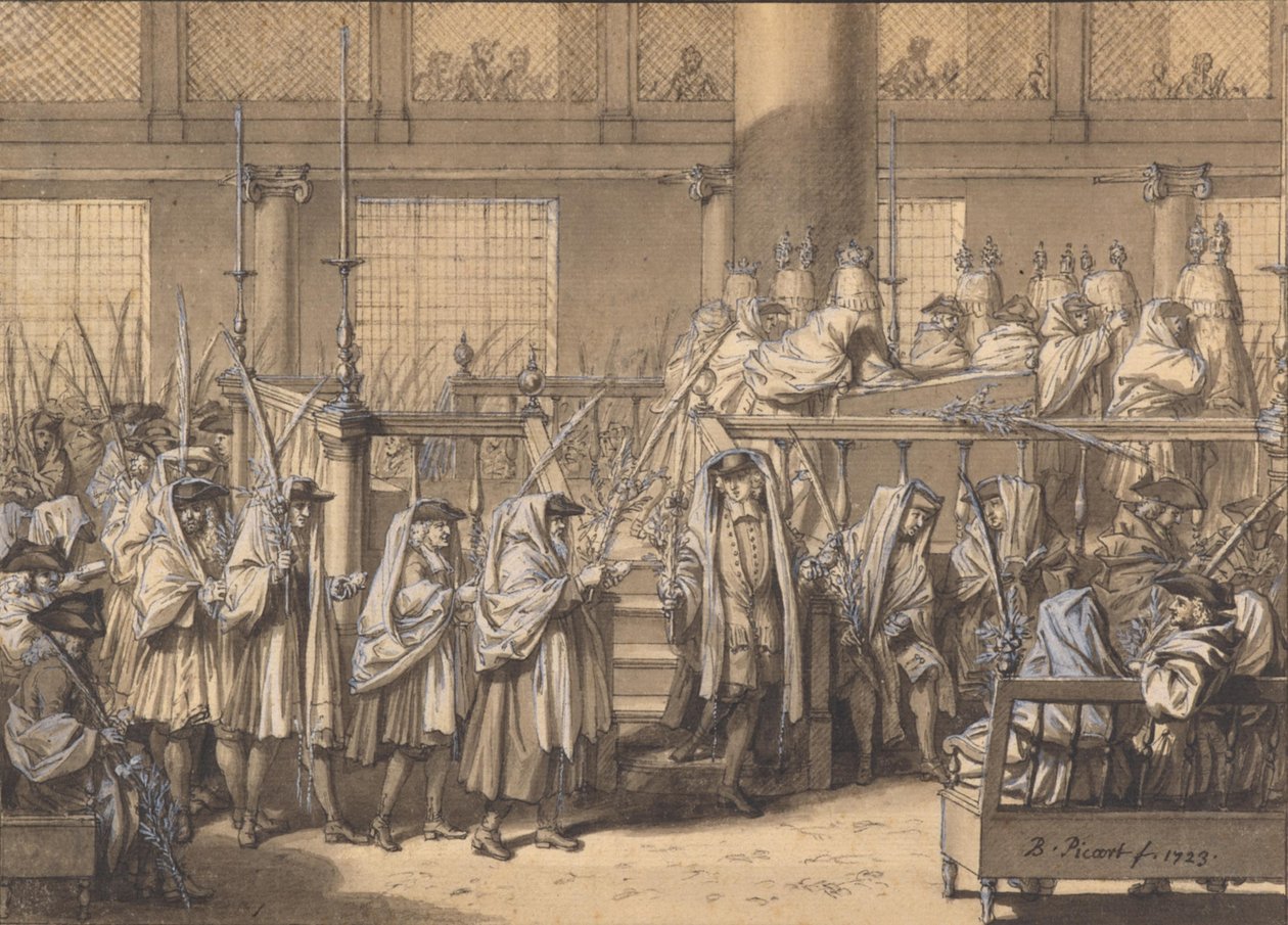 Optog med palmegrene under løvhyttefesten i den portugisiske synagoge i Amsterdam af Bernard Picart