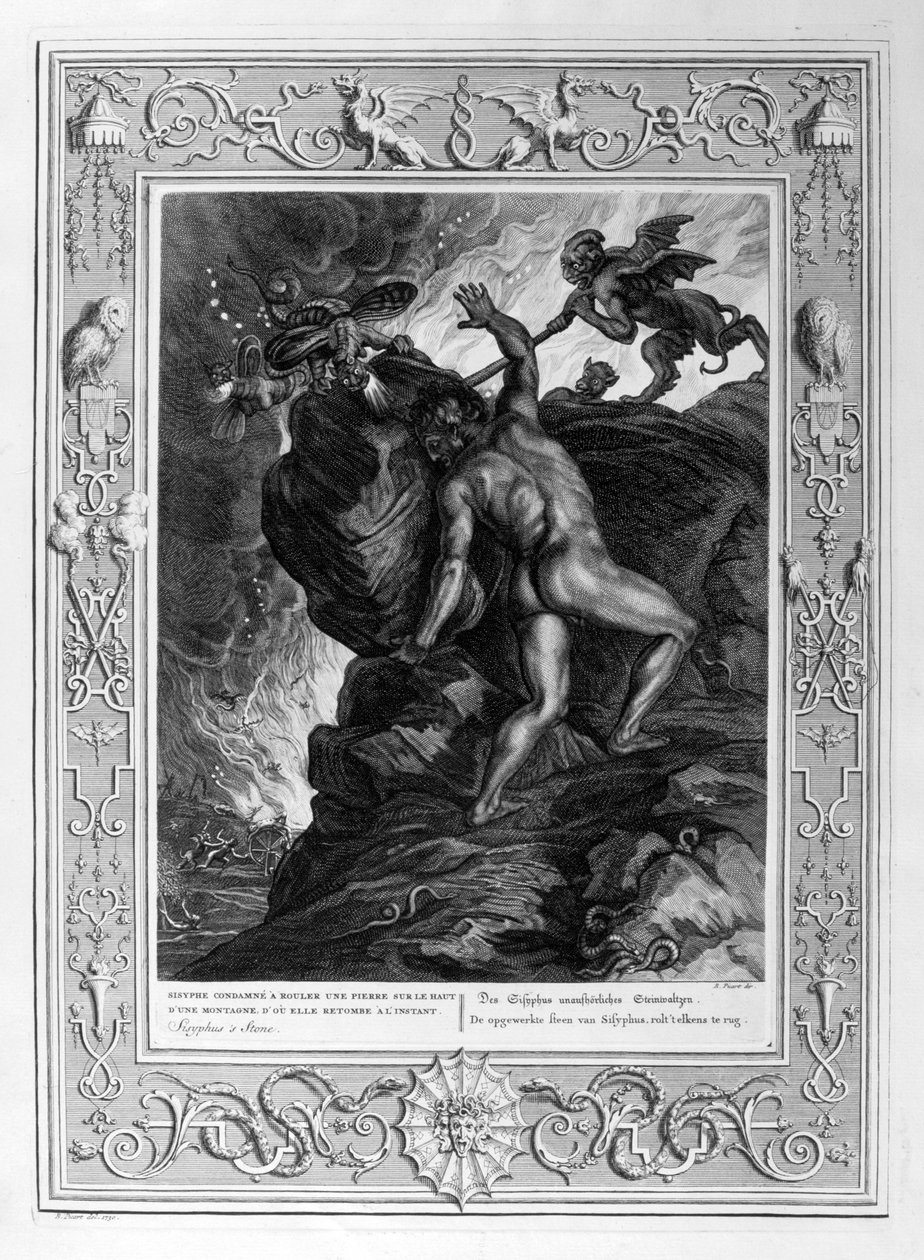Sisyfos skubber sin sten op ad et bjerg, 1733 af Bernard Picart