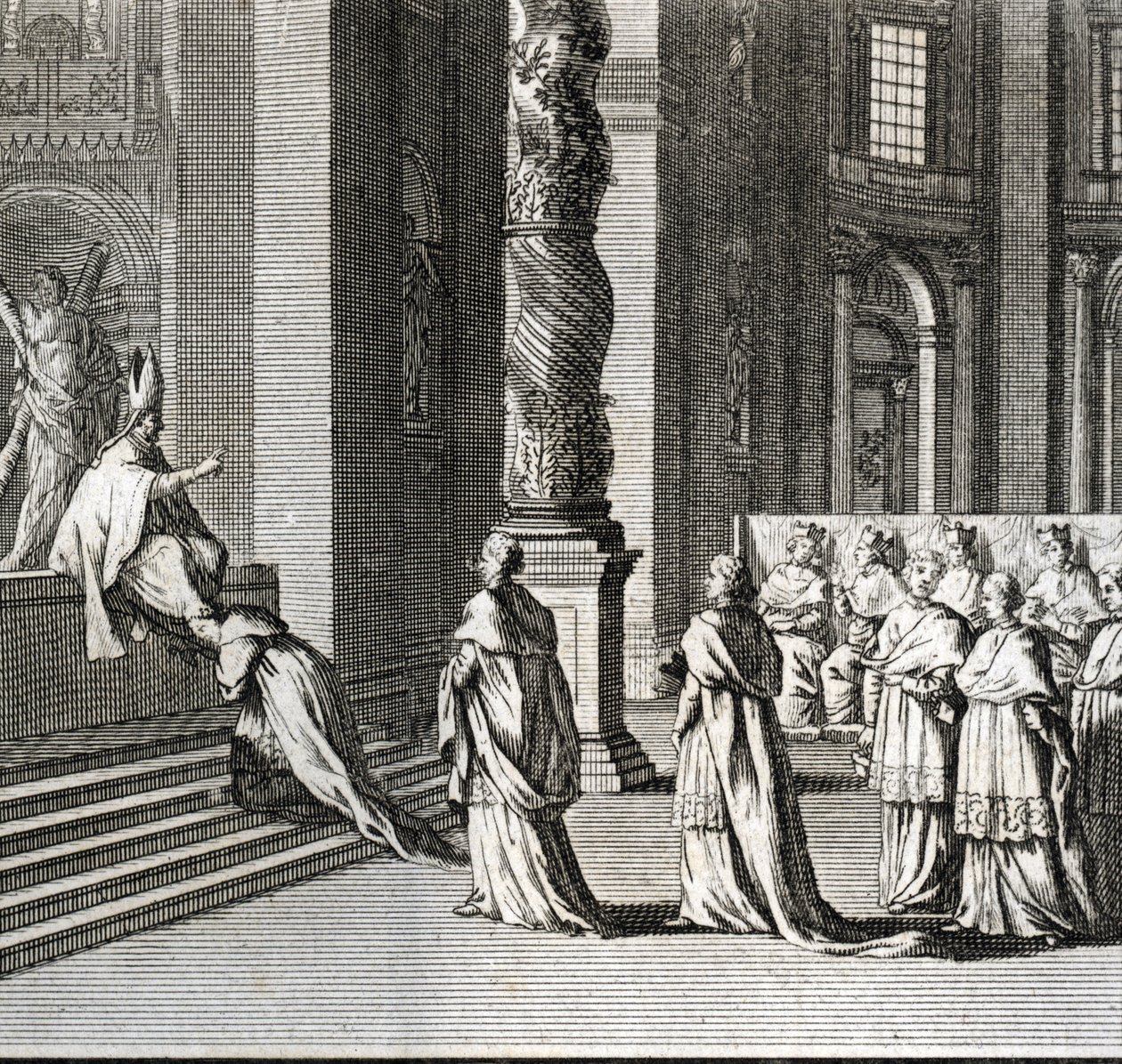 Højtidelig indvielse af pavestolen "" Tilbedelse af paven på St. Peters store alter, Vatikanet"" (pavelig indvielse: Tilbedelse af paven over det store alter i St. Peter) Indgravering fra "" Illustration af religiøse ceremonier og skikke fra -en af Bernard Picart