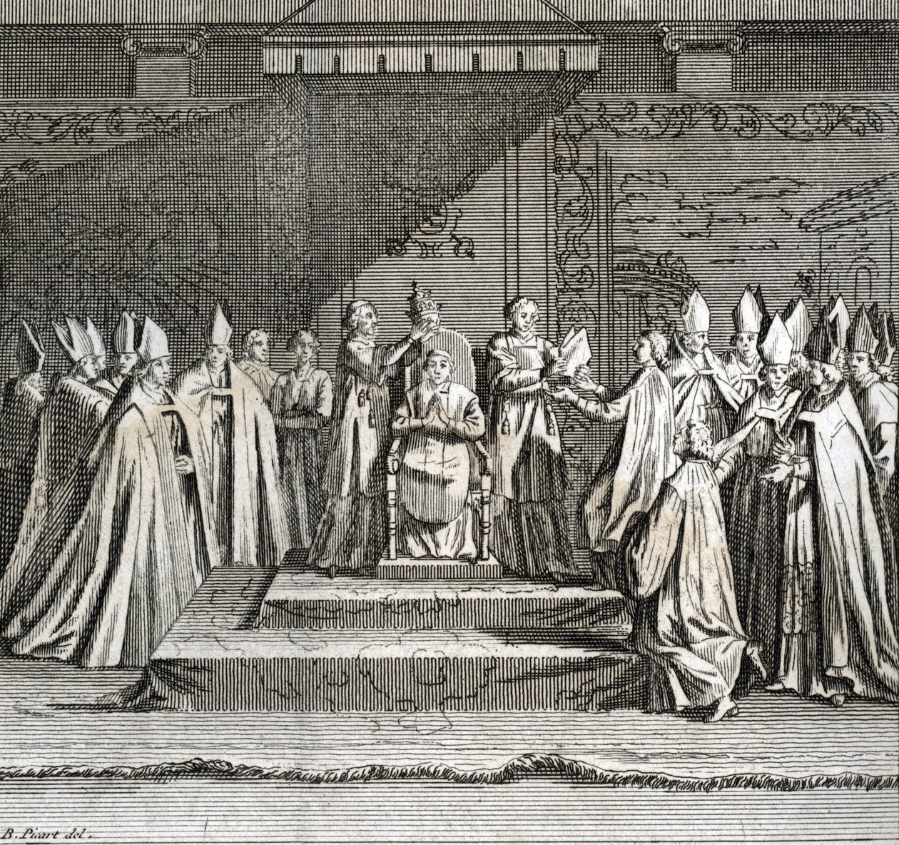 Højtidelig indvielse af pontificatet "" Representation du coronation du pope"" (pavelig indvielse: kroningen af paven) Indgravering fra "" Illustration af ceremonier og religiøse skikke for alle verdens folk"" af Bernard Picart (1723-1743) af Bernard Picart