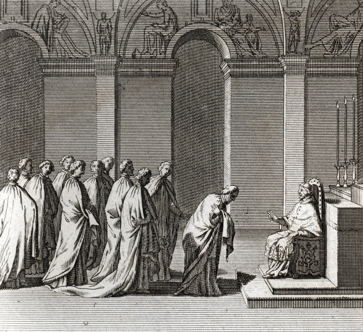 Højtidelig indvielse af paven: "" Tilbedelsen af paven i det sixtinske kapel"" (pavelig indvielse: tilbedelse af paven i det sixtinske kapel) Indgravering fra "" Illustration af ceremonier og religiøse skikke for alle verdens folk"" af Bernard Picart