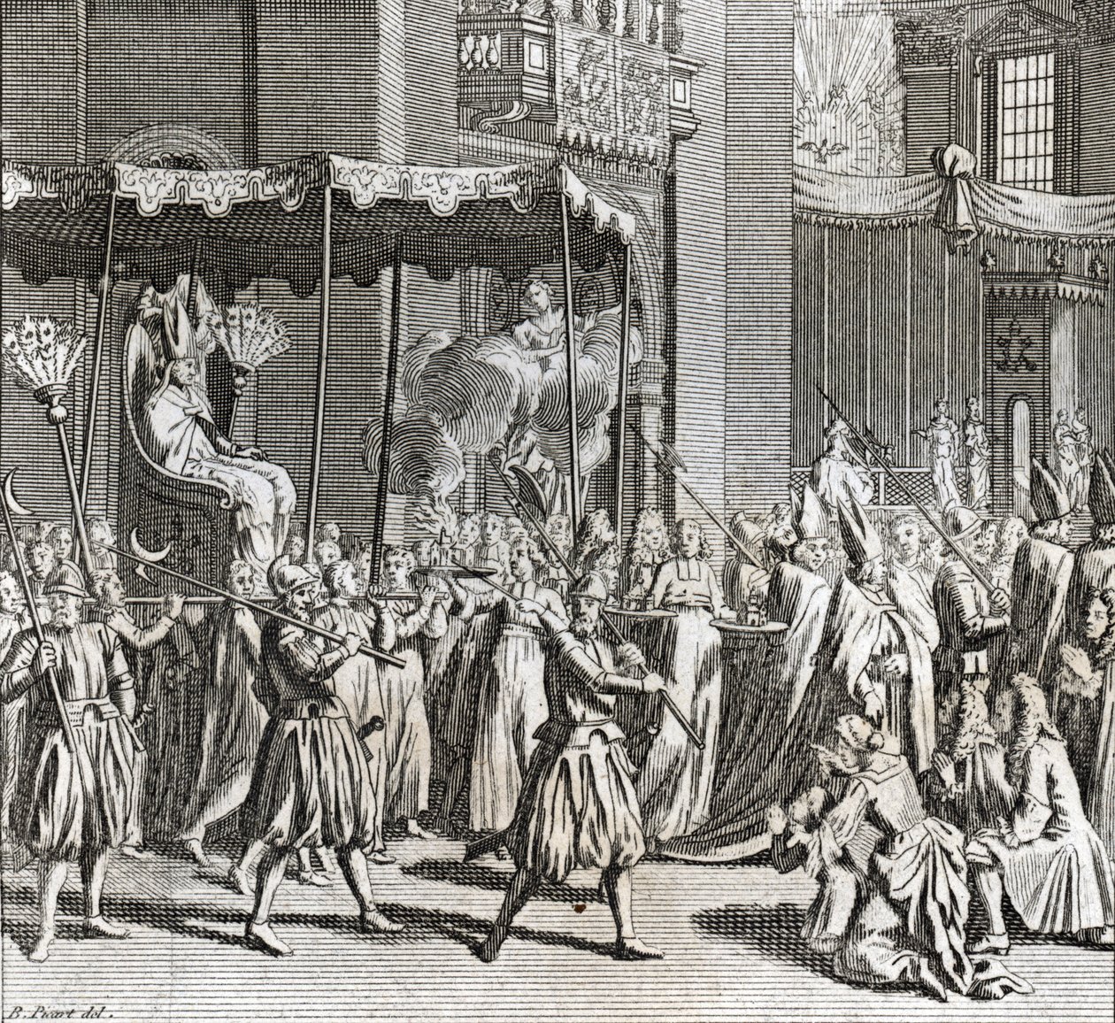 Højtidelig indvielse af pontifikatet: afbrænding af et klæde) Indgravering fra "Illustration de ceremonies et customs religieuses de tous les peuples du monde" af Bernard Picart (1723-1743) 1819 Privat samling af Bernard Picart